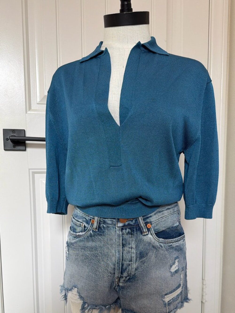 Tibi | Teal Johnny Collar Polo Lightweight Sweater
